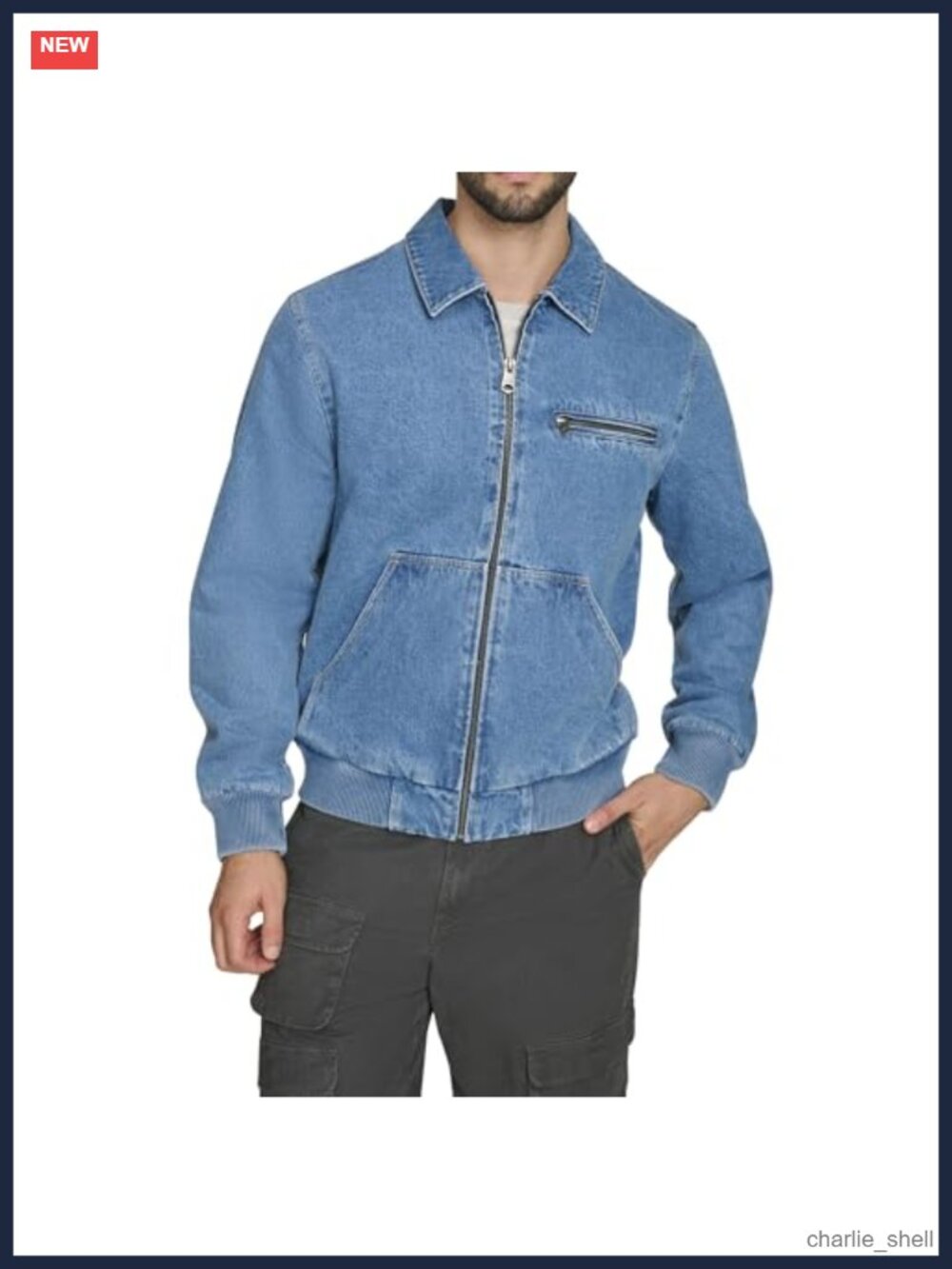 Western Bomber Jacket Denim Aviator Style Zip Front Casual Outerwear